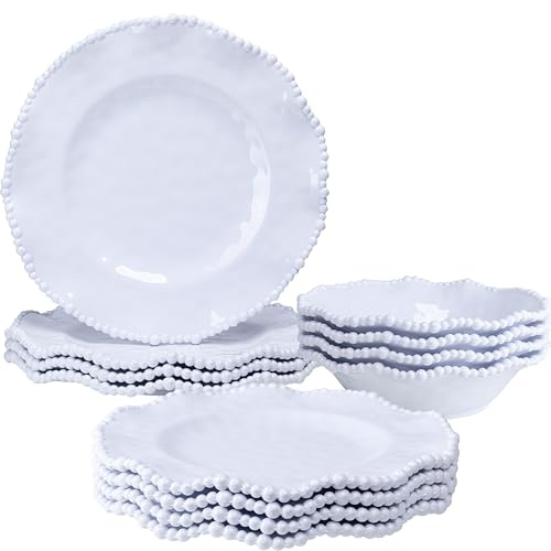 ZAROCRUS Service de table 12 pièces en mélamine avec perles blanches – Assiettes et bols résistants aux éclats – Service de table rustique comprenant 4 dîners, 4 salades et 4 bols – Idéal pour
