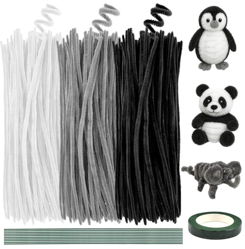 Deepton 300 Stück Pfeifenreiniger, Schwarz, Weiß und Grau Pfeifenputzer, Chenilledraht Pfeiffendraht, 30cm x 6mm Biegeplüsch Basteldraht mit 10 Eisen-Draht und 1 Band für DIY Bastelprojekte