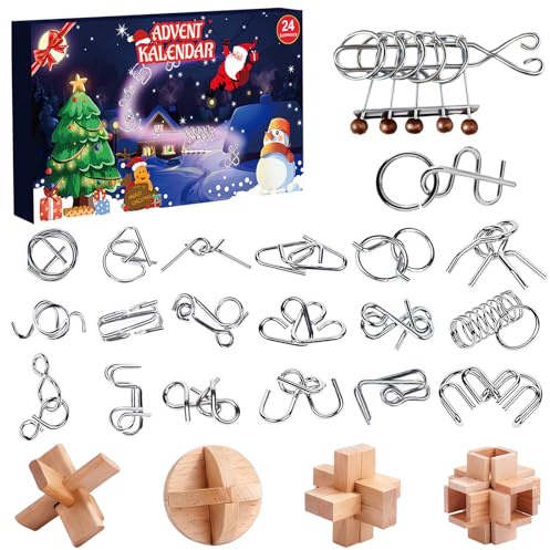 Advent Calendar 2025 Kids, Puzzle Advent Calendar 2025, Christmas Countdown Calendar 24 Pcs with Metal Puzzles and Wood Brain Teasers, 3D Puzzle Skill Games for Boys, Girls, Teens & Adults (Silver)
