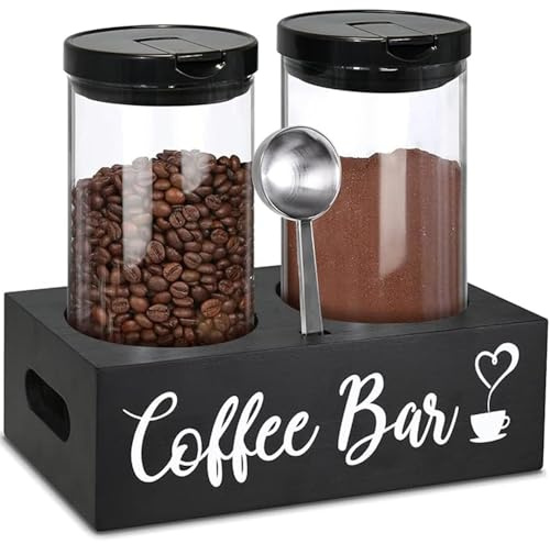 Wotendy Recipientes de Vidrio para Café con Estante, Frasco de Almacenamiento de Café con Cucharas para Frijoles, Té de Hojas Sueltas, Nueces, Matcha, 1400ml,Negro