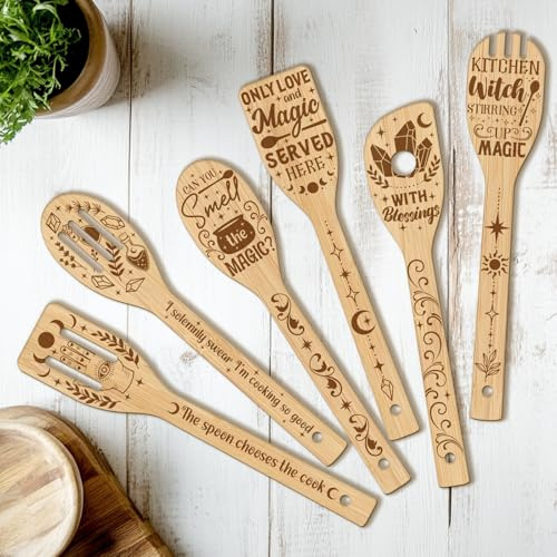 CUTHOLLOW Lot de 6 Spatule en Bois - Thème Cuisine magique - Spatule Bois Cuisine, Originaux Ustensiles de Cuisine en Bois pour Femme, Anniversaire, Pendaison de Crémaillère