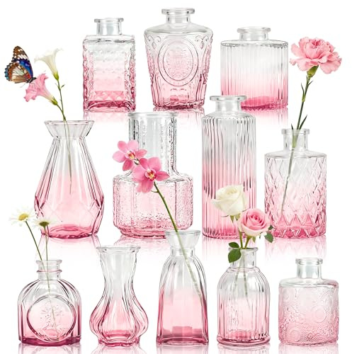 Der Rose 12 Stück Rosa Kleine Vasen Glasvasen für Tischdeko Hochzeitsdeko | Farbige Glasakzente Verschiedene Formen im Set Für Kunstblumen geeignet Gutes Preis Leistungs Verhältnis