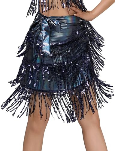SEAUR Femme Jupe de Danse Latine à Franges Métallique Cuir Verni Éarpech Hanche Orientale Jupe Wrap Taille Unique