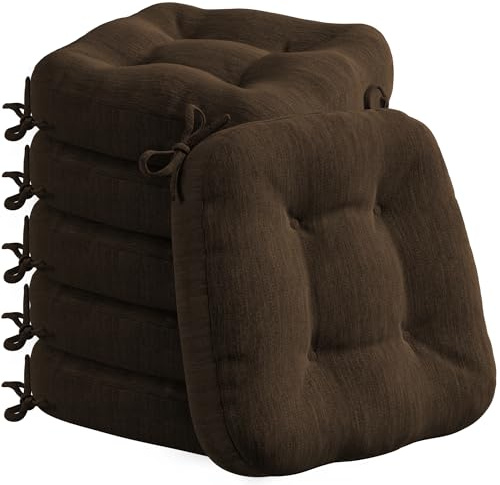 Codi Stuhlkissen 40 x 40 cm, 6er-Set, 8 cm dick, Sitzkissen Outdoor, Braun | Memory Foam für Sitzkomfort, wasserabweisender Bezug, rutschfester Halt mit Bindebändern, ideal für Gartenstühle und Balkon
