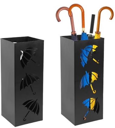 RANJIMA Regenschirmständer aus Metall, quadratischer Schirmständer mit Wasserauffangschale, modern rostfrei Schirmhalter für Regenschirme Spazierstöcke Gehstöcke Flur Büro 16 x 16 x 42 cm (Schwarz)