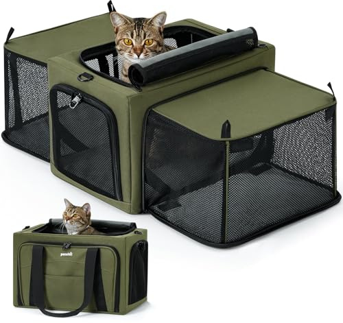 Pecute Trasportino per gatti espandibile, con struttura stabile, traspirante, ampio spazio, trasportino portatile adatto per viaggi comodi, doppia borsa espandibile, verde