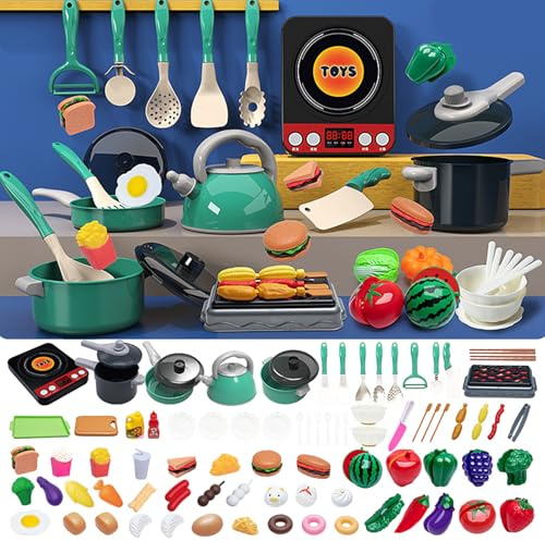 Kids Pretend Play Kitchen Accessories Set, Kids Kitchen Playset with Pots Pans Utensils Cookware Food, Cooking Utensils, Kitchen Cookware Playset Toys Gift for Boys Girls Toddlers 3+ (Green, 86PCS)