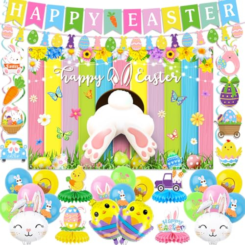 Easter Decorations for Home Happy Easter Banner Buuny Backdrop Chick Balloons Eggs Hanging Swirls Bunny Honeycombs Table Centerpieces Decorations for Office School Easter Ornaments