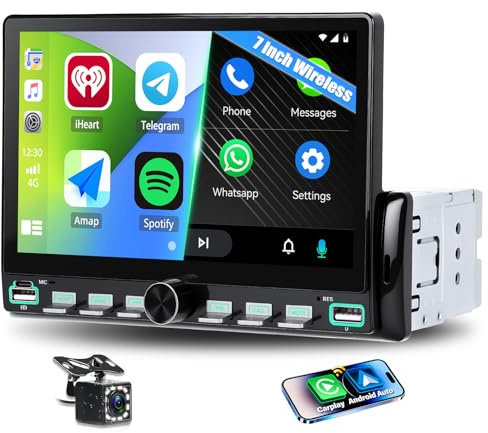 CAMECHO Bilradio 1 Din Trådlös Carplay Android Radio Bluetooth 7 Tum med Bakre Kamera, IPS Pekskärm HD med Spegel Länkning Volantkontroll + 2USB-portar