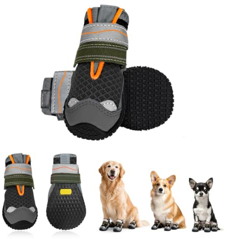 AMFUN 2 Stück Hundeschuhe Pfotenschutz, Atmungsaktive Hunde Schuhe mit Rutschfester Sohle und Verstellbarem Reflektierendem Klettverschluss, einfaches Anziehen, für Kleine, Mittlere und Große Hunde