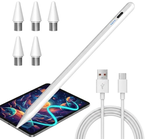Stylet Tablet Stylet Universal para Tablet iOS Android con 5 Puntos Blanco | Punta fina 1,5 mm sin latencia, Compatibilidad i-Phone / Sam-sung / Hua-wei / Xiao-mi, carga rápida USB-C, fijación magnética
