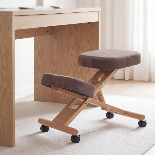 Mendler Kniestuhl HWC-Q46, Sitz-/Kniehocker höhenverstellbar Rollen Stoff/Textil (200g/m²) Holz - braun