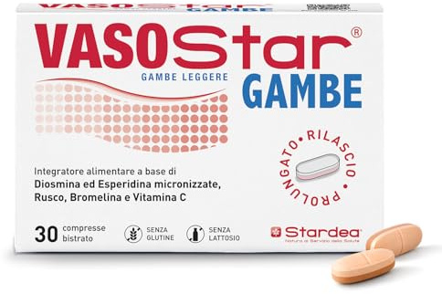 Stardea Vasostar Gambe | Diosmina 900 mg, Esperidina, Rusco, Bromelina e Vitamina C | Microcircolo e Gambe Leggere | Rilascio Prolungato | 30 Compresse Bistrato | Senza Glutine