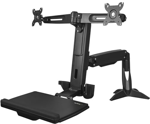 StarTech.com Sit Stand Dual Monitor Arm - Desk Mount Dual Computer Monitor Adjustable Standing Workstation for up to 24 Displays - VESA Ergonomic Stand Up Desk Converter w/ Keyboard Tray (ARMSTSCP2)