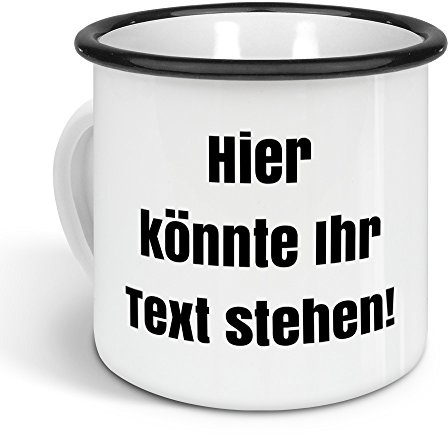 printplanet - Emaille-Tasse mit eigenem Text Bedrucken Lassen - Blechtasse Personalisieren – Nostalgie-Becher mit eigenem Spruch, Farbe Schwarz, 300ml