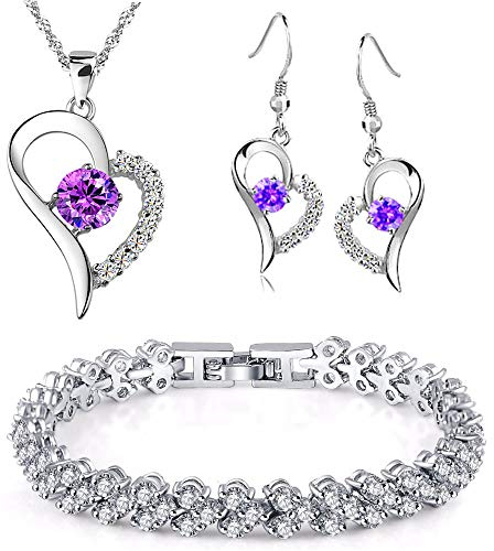 Kim Johanson Damen Schmuckset *Lola* in Silber I Halskette mit Anhänger & Ohrringen aus Edelstahl I Armband rhodiniert I Mit weißen & lila Kristallen besetzt inkl. Schmuckbeutel