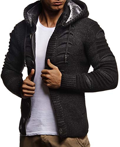 Leif Nelson LN5605 - Cardigan en tricot à capuche pour homme - Élégante veste de loisirs - Coupe ajustée, charbon, L