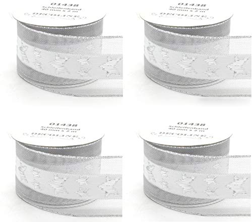 DARO DEKO Schleifenband 4cm x 200cm Silber - weiß mit Sternen 4 Stück