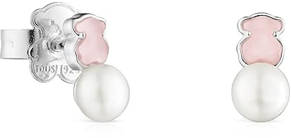 TOUS Pendientes de Plata de Primera Ley para Mujer con Cierre a Presión y Motivo de 1.05cm en Cuarcita y Perla, Versátil y Combinable, Colección Mini Color