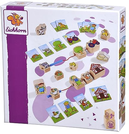 Eichhorn - Bauernhof Fädelspiel, bestehend aus 13 Holzteilen und 13 Pappvorlagen, aus 100 Prozent FSC zertifiziertem Buchenholz, ab 1 Jahr