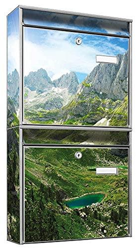 banjado Briefkastenanlage 2 Fach - 2 Briefkästen 36x64x10cm groß - Doppelbriefkasten Set - Namensschild, 2 Schlüssel, Montagematerial - Stahl verzinkt Silber - Motiv Bergsee Alpen