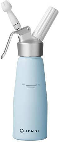 HENDI Sifón de cocina, con 3 boquillas de polipropileno y cepillo de limpieza, sifón para montar nata, espumas, mousses, postres, espumado en frío, 0,5L, ø80x(H)260mm, aluminio, azul pastel