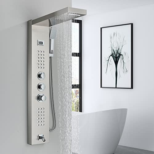 Saeuwtowy Columna Ducha Termostatica 5 Función Columna Ducha Hidromasaje Acero Inoxidable Hidromasaje Montaje en Pared Níquel Cepillado