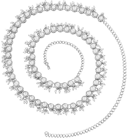 Aheli Indian Traditional Ethnic Faux Stone Beaded Waist Chain Jewelry Kamarband Patta Gift Womens Belly Chain Sari Saree Belt Silver White