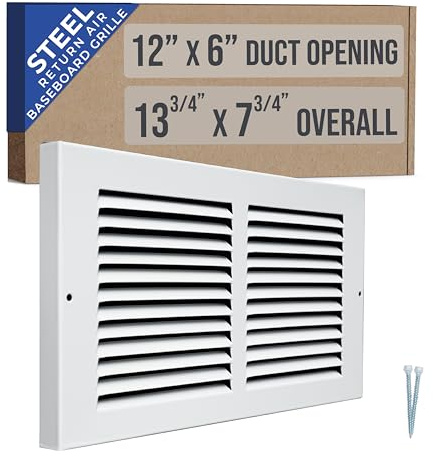 12W x 6H [Duct Opening Measurements] Baseboard Return Air Grille | Vent Cover Grill | 7/8 Margin Turnback to Fit Baseboard | White | Outer Dimensions: 13.75W X 7.75H for 12x6 Duct Opening
