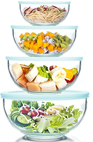 WhiteRhino Set di 4 ciotole in vetro con coperchi, resistenti al calore (3,5L, 2L, 1L, 0,5L), insalatiere trasparenti con coperchi senza BAP per cucina, forno a microonde e lavastoviglie