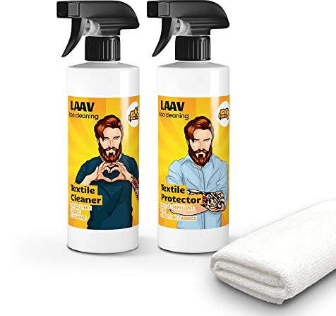 LAAV Kit Nettoyant pour Tissus (3 pcs.) I Nettoyant de Tissu, Canapé, Tapis TEXTILE CLEANER (500 ml) I Imperméabilisant Canapé Textiles TEXTILE PROTECTOR (500 ml) I Chiffon de Nettoyage en Microfibre