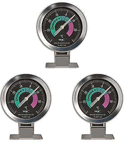 TFA Dostmann Kühlschrankthermometer analog 14.4011.60 aus Edelstahl auch geeignet für Gefriertruhe Kühlhäuser bis -40Degree C Silber, 3er Pack