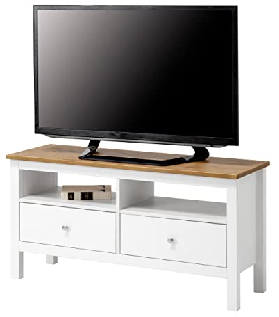 hagge home TV Schrank Holz 110x40 TV Board Holz Fernsehtisch Massivholz TV Lowboard Wohnzimmer Fernsehschrank TV Bank TV Tisch TV Kommode Weiss TV Table Sideboard Kleiner Fernseher Tisch Weiß Braun