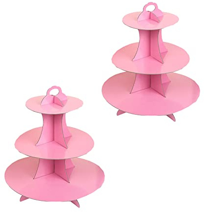 ANMEISH 2 Pack 3 Tier Cardboard Cake Stand, Three Tiered Paper Afternoon Tea Stands color Disposable Cupcake Holder Round Dessert Stands for Party Wedding Birthday Baby Shower Anniversary (Pink)