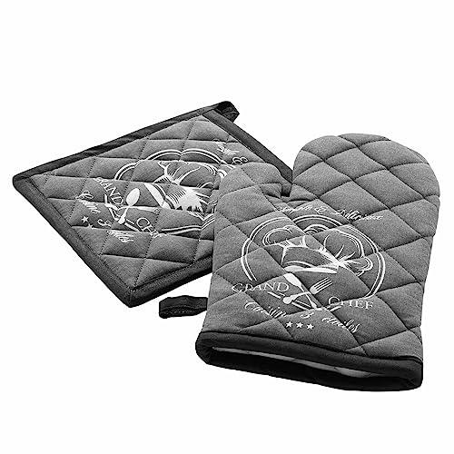 Douceur d'Intérieur, Gant et Manique (18 x 28 cm/20 x 20 cm) Grand Chef Gris, Coton Imprimé