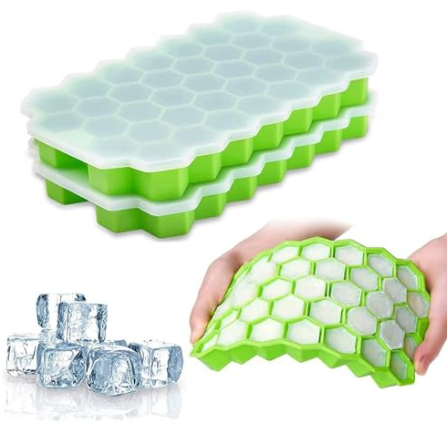 YHT 2 Pack Ice Cube Trays with Lids,2 Pcs Food Grade Silicone Diamond Shape Ice Cube Tray with Removable Lid,Each Makes 37 Grid Flexible Ice Cube Molds for Chilled Drinks,Whiskey,Cocktail（Green）
