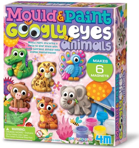 4M Mould & Paint Kulleraugen Tiere, Kunst- und Bastelset zum Gießen, Erstellen und Bemalen 6 Kühlschrankmagnete oder Abzeichen, für Jungen und Mädchen im Alter von 5-12 Jahren