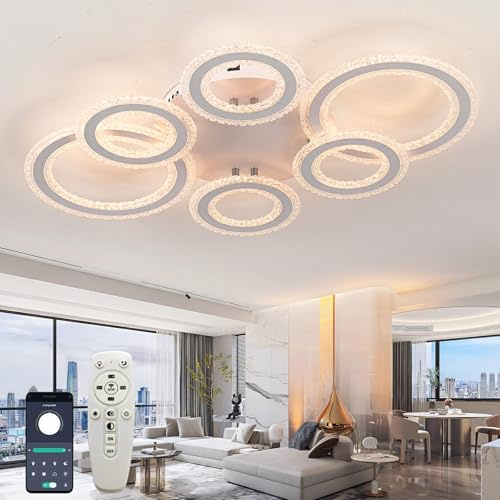 Kristall Kronleuchter Dimmbar mit Fernbedienung und App Nachtlicht 72w Led für Wohnzimmer 110cm Große Deckenleuchte Modern Smart Speichermöglichkeit Deckenbeleuchtung Dreifarbig Büro Deckenlampe