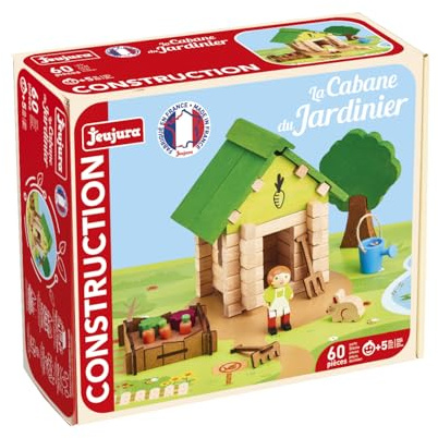 Jeujura - Cabane du Jardinier 60 Pièces - Jeu Construction dès 5 Ans - 8097 | Personnages, accessoires et tapis de jeu inclus - Valisette rangement - Jeu en bois enfant - Imagination - Fabriqué en France