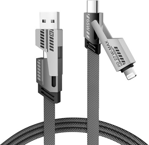 Multi Charger Cable 4 in 1 Fast Charging | 65W, 3A Multi Charger Cable with USB C/USB A to Light'ning, USB C/USB A to USB C | 3FT Nylon Braided for iPhone 17-12 Pro Max, MacBook, Samsung, iPad, Silver