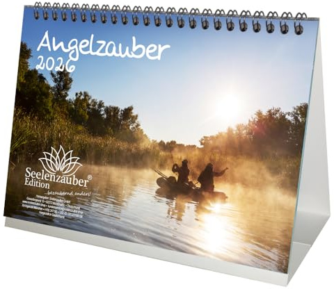 Angelzauber DIN A5 Tischkalender für 2026 angeln und fischen - Geschenkset Inhalt: 1x Kalender 1x Weihnachtsanhänger 1x Grußanhänger (gesamt 3 Teile)