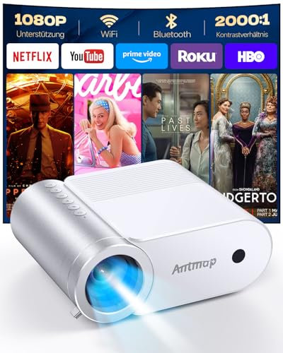 Antmap Miniprojektor 4K, Bluetooth och WiFi, 1080P hemmabio iPhone/Android, 400 ANSI-projektor kompatibel med smartphone/Type-C/HDMI/USB/Fire Stick/PS5