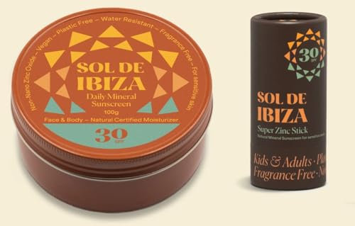 PACK AHORRRO Sol de Ibiza Protección Solar, Barra Super Zinc SPF30 y Crema Mineral SPF30, Rostro y Cuerpo