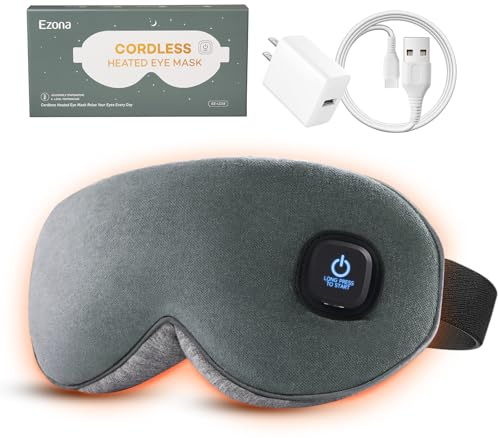 Ezona Cotton Cordless Heated Eye Mask, 2000mAh Warm Eye Compress Mask for Dry Eyes, Washable Eye Heating Pad for Travel, MGD,Blepharitis, Sinus Migraine with 10W Charger（Gray）