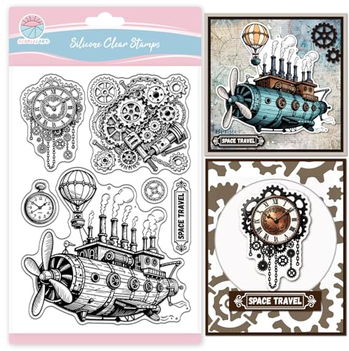 GLOBLELAND Vintage Steampunk Raumschiff Zahnräder Klare Stempel Mechanische Uhr Transparente Stempel Heißluftballon Silikonstempel Für DIY Scrapbooking Fotoalbum Karten Herstellung 6.3x4.3in