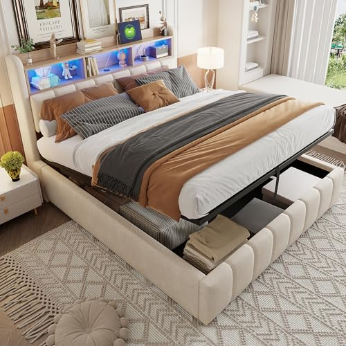 Gxffipw Doppelbett Polsterbett 180x200 cm mit USB Anschluss und LED Licht, Hydraulisches Bett mit Stauraum und Kopfteil, Stauraumbett Bettgestell mit Lattenrost, Leinen, Beige, Ohne Matratze