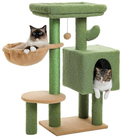 Cat Condo for Indoor Cats, Cactus Cat Tree with Hammock, Multi-Level Cat Tower with Sisal Scratching Post, Padded Top Perch, Comfy Hammock and Dangling Balls for Kittens