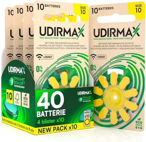 40 Pilas para Audífonos Tamaño 10 Udirmax PR70 Zinc-Aire Amarillas con Tecnología Dynamic Sonar Eco Pack - 4 Blísteres Ecológicos de 10 Pilas