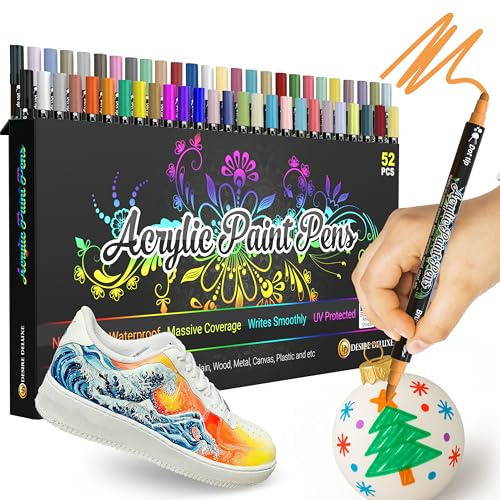 Desire Deluxe Pennarelli a Vernice Acrilica per Sassi, Ceramica, Vetro, Legno – Pennarelli Atossici a Base d’Acqua – Ottimo Materiale Artistico per Pittori e Creativi (Doppia Punta Multicolore, 52)