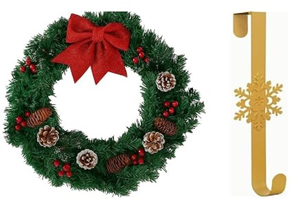 Christmas Wreath for Front door with Red Bow, Pine Cones and Berries, Traditional Holiday Decoration